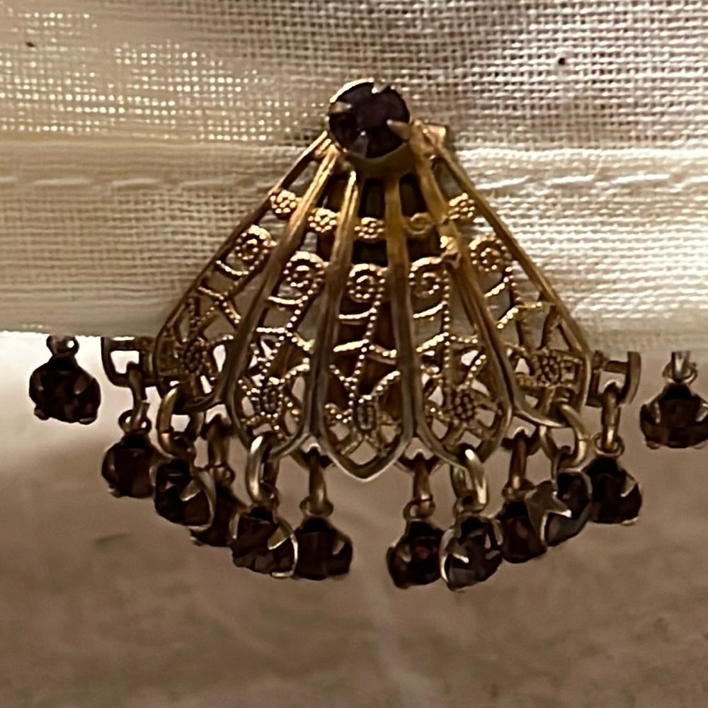 Vintage Gold-Tone Filigree Fan Clip-On Earrings with Beaded Fringe